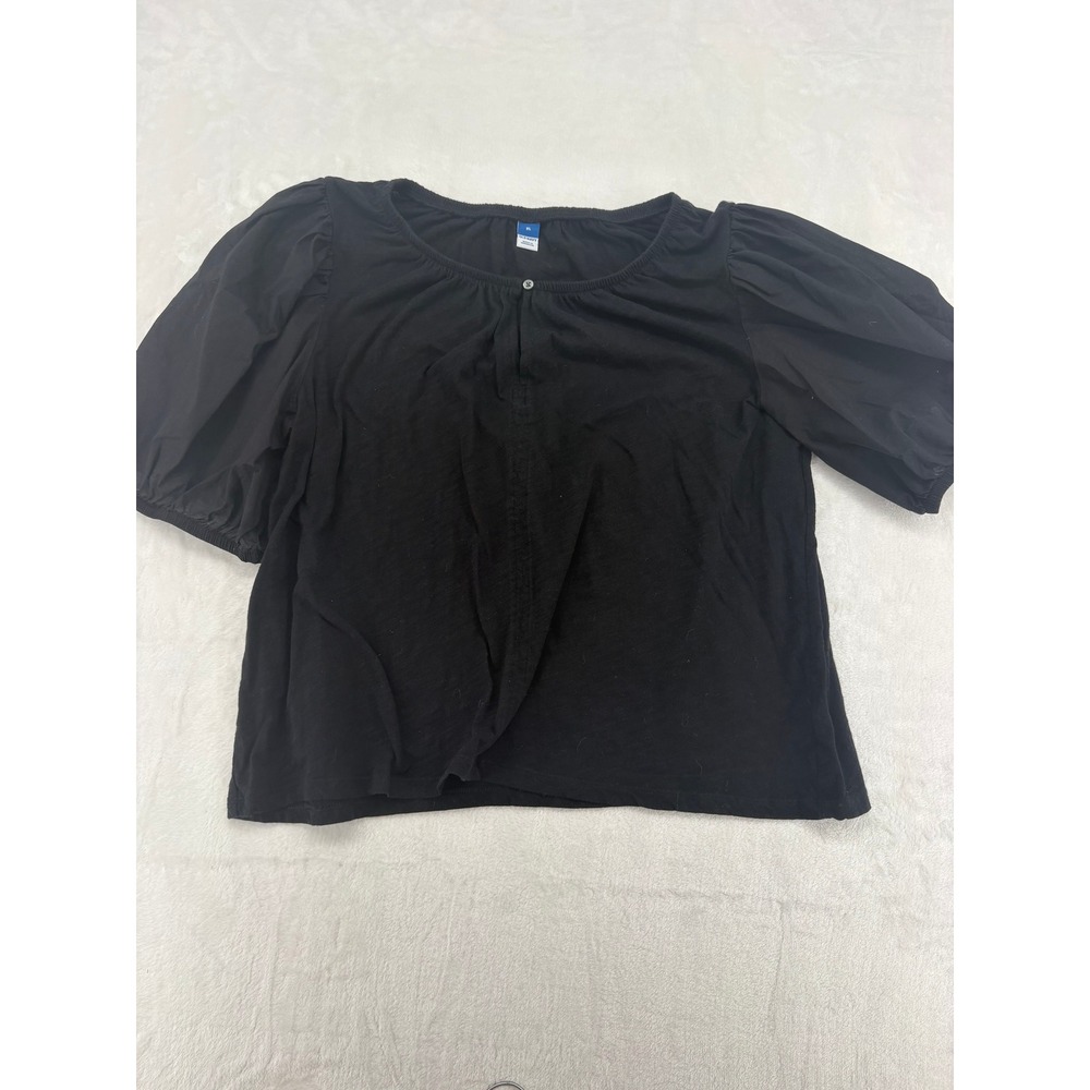 Old Navy Blouse Womens XL Top Black Puff Sleeve Mixed Media Keyhole